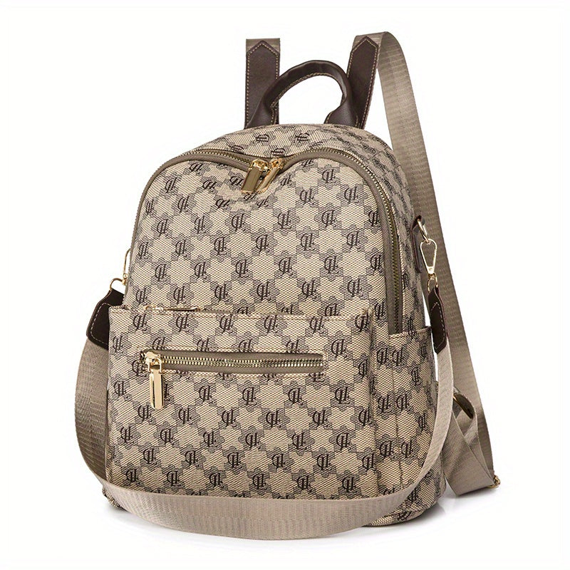 Vintage Geometric Print Backpack Retro PU Leather Daypack