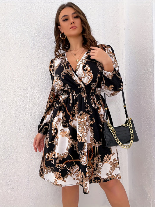  Baroque Print Lantern Sleeve Dress