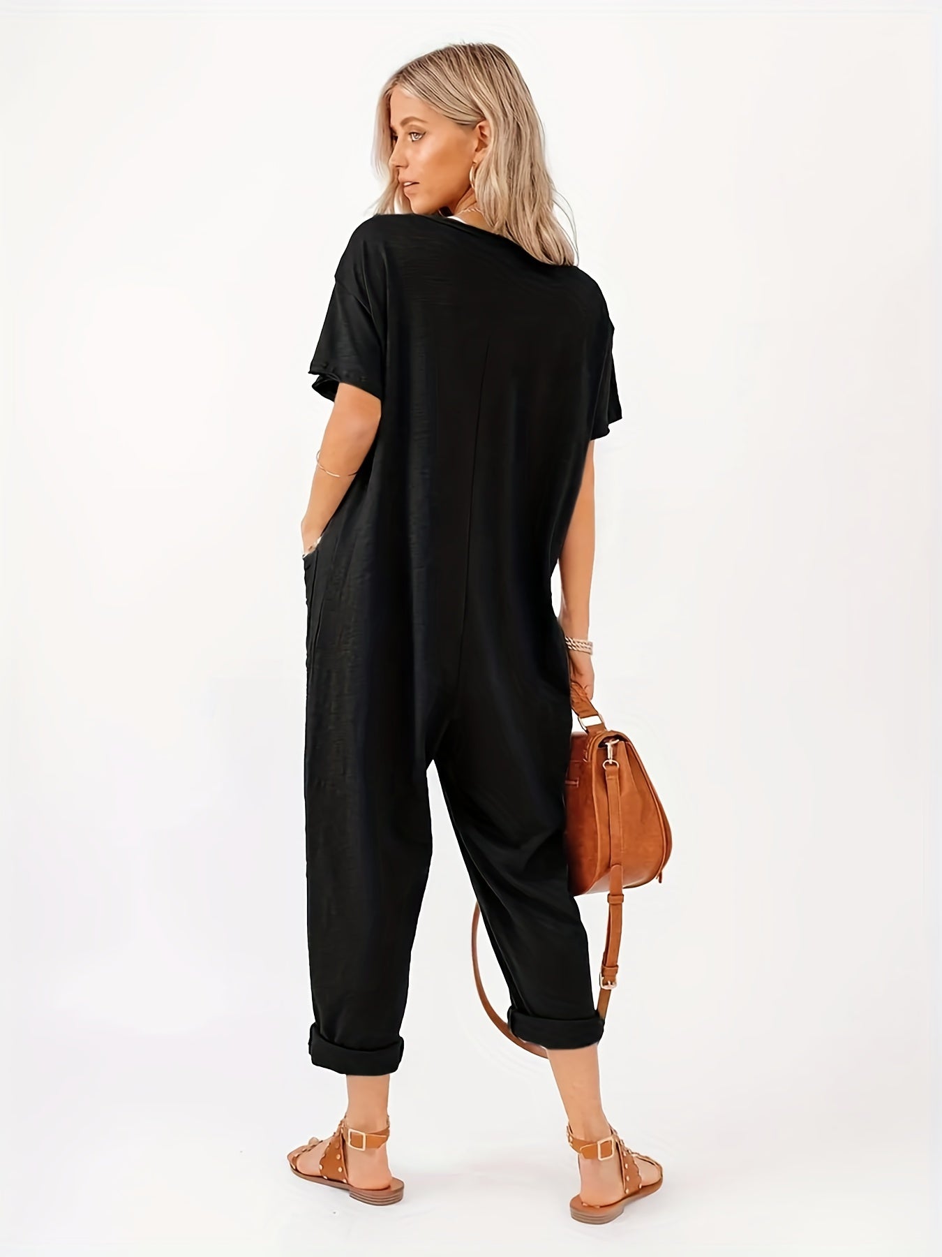 Women's Plus Button Up V Neck Short Sleeve Jumpsuit
