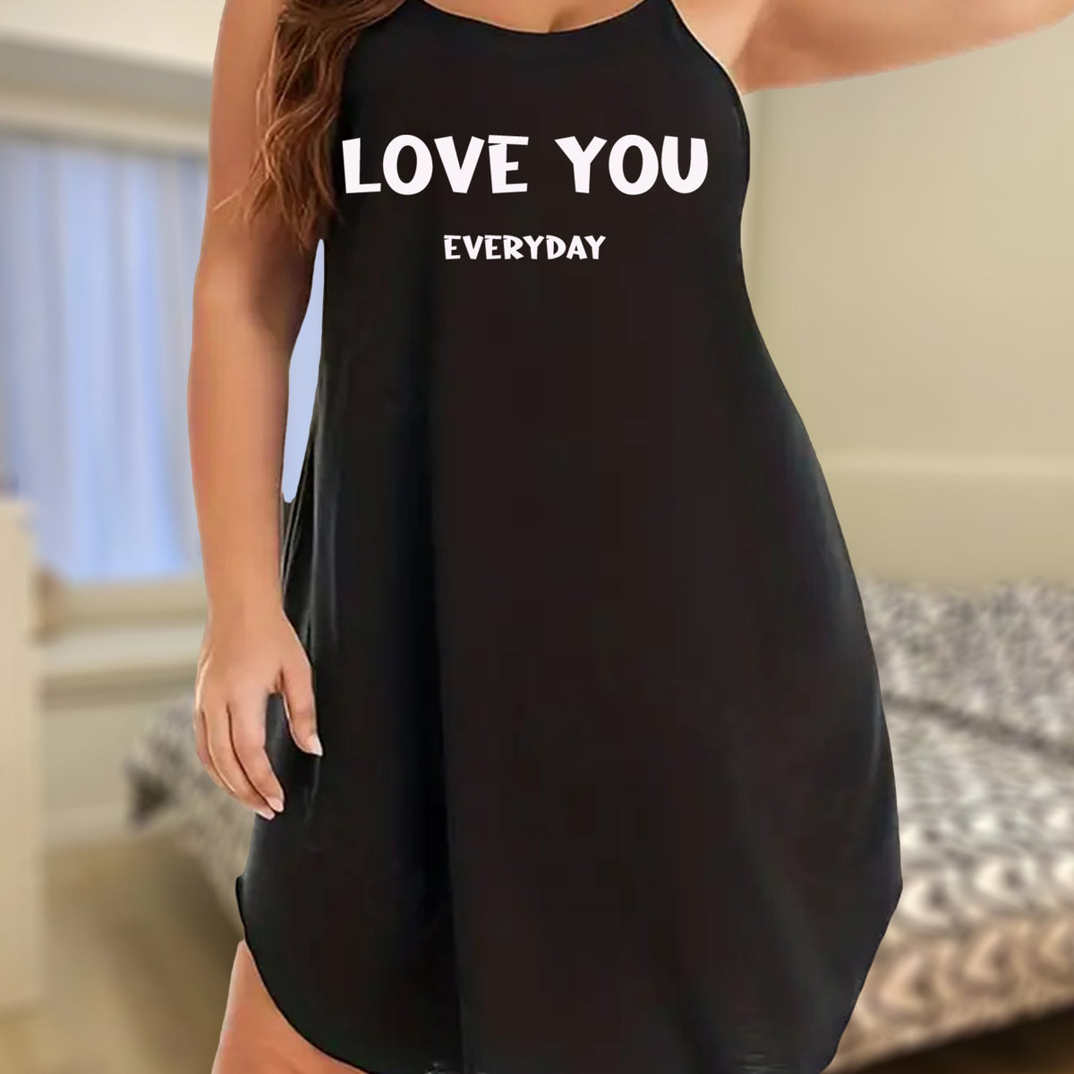  Women's Nightdress Slogan Print Round Neck Cami Sleep Dress
