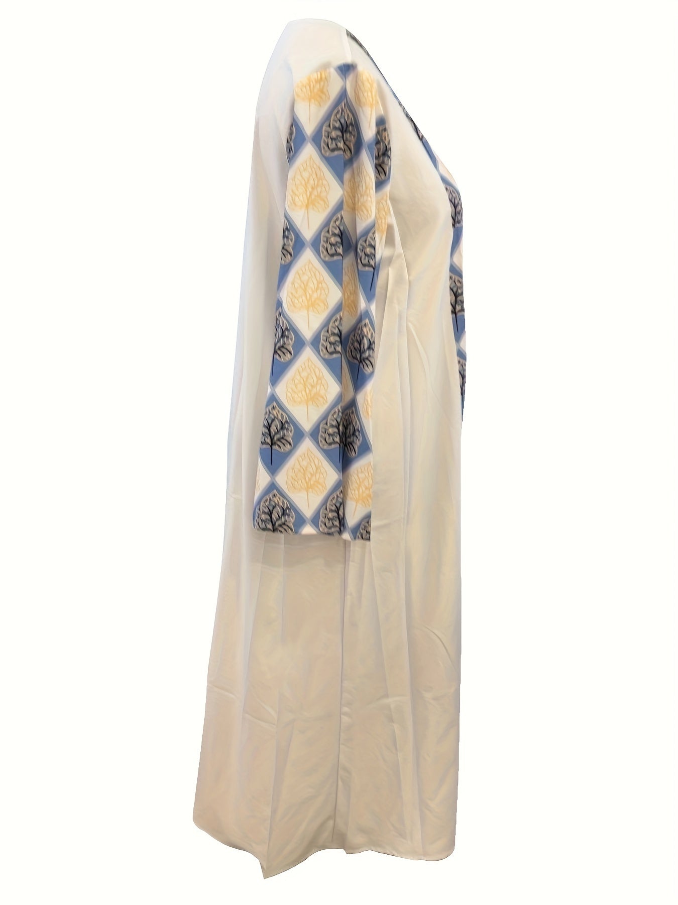  Modest Abaya Dress Contrast Argyle & Leaf Print Maxi