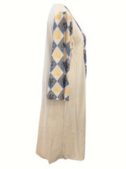  Modest Abaya Dress Contrast Argyle & Leaf Print Maxi