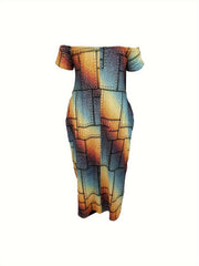  Geometric Print Off Shoulder Maxi Dress with Pockets