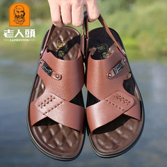 LAORENTOU Men's Leather Non Slip Sandals Wear resistant Comfy Beach Shoes