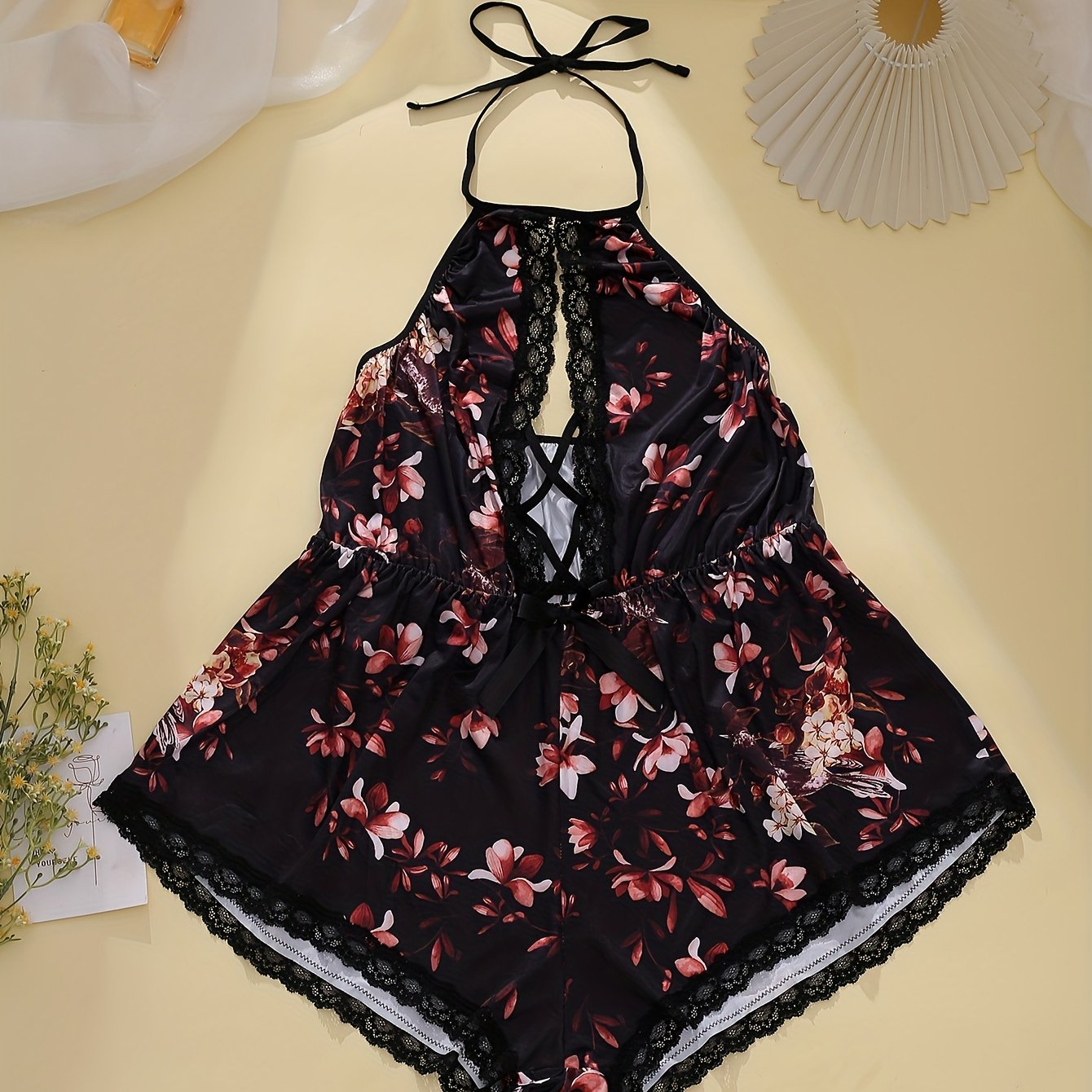  Floral Lace Trim Halter Bodysuit