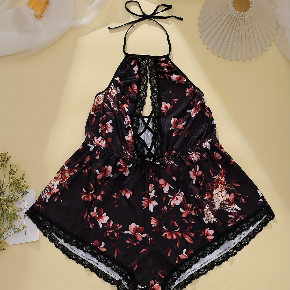  Floral Lace Trim Halter Bodysuit