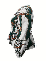  Women's Colorblock Leopard Print Long Sleeve Blouse