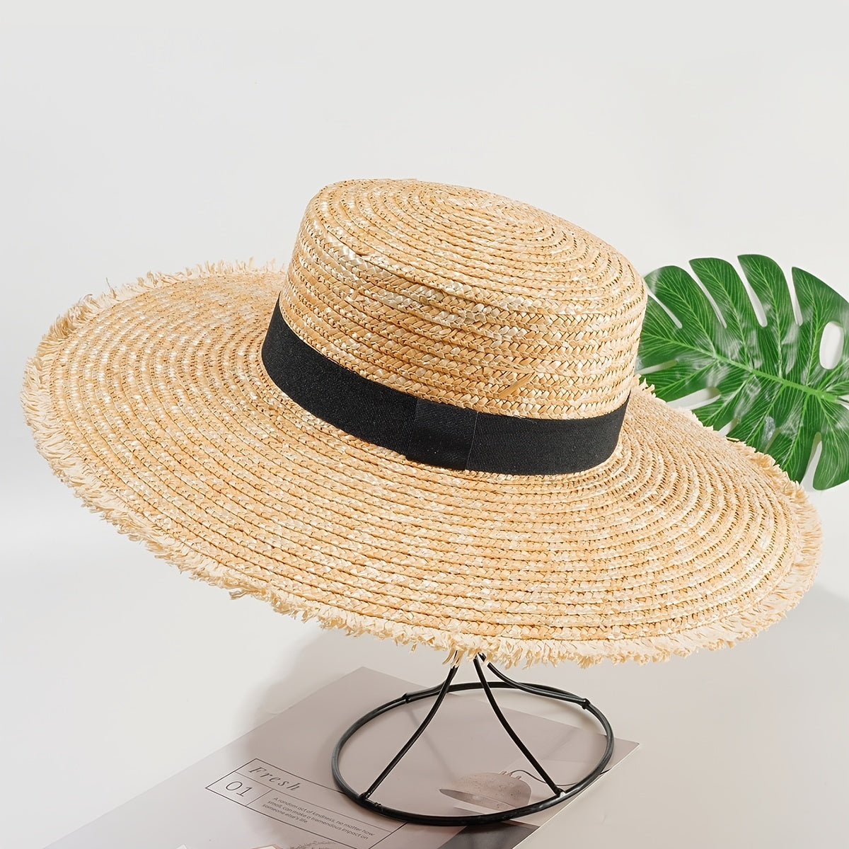 Women's Flat Top Straw Hat Fur Edge Beach Sunshade