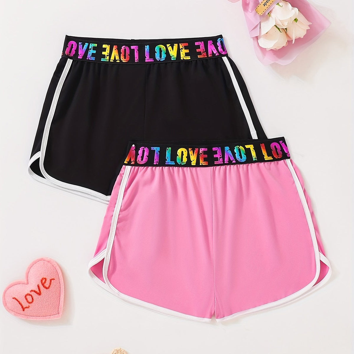 Kid Girls 2pcs Yoga Shorts Set Dry Fit Rainbow Letter Waistband Sportwear Shorts