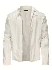 Solid Zip Up Stand Collar PU Jacket Men's Casual