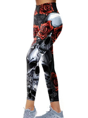 Floral & Skull Print Yoga Pants High Stretch Leggings Halloween Activewear