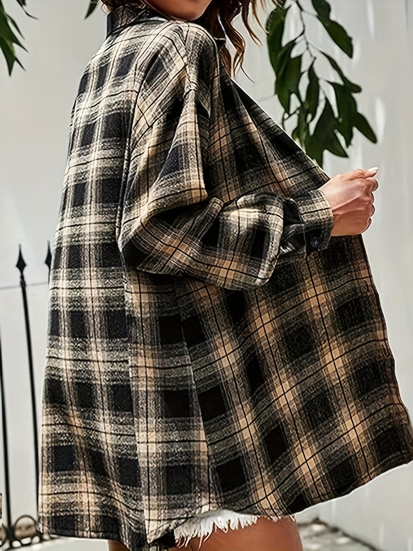  Plaid Print Button Up Long Sleeve Blouse