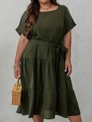  Women's Solid Batwing Ruffle Trim Dress