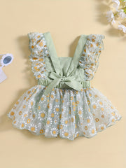 Summer Flower Princess Dress with Mesh Sleeves & Daisy Flower Decor