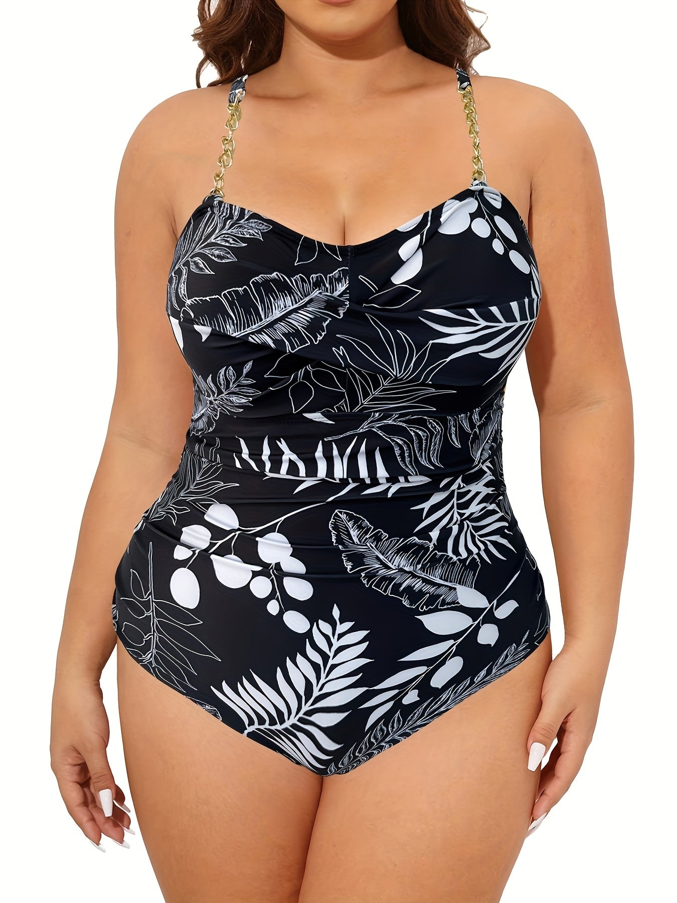  Tropical Print Chain Linked Ruched One Piece Swimsuit