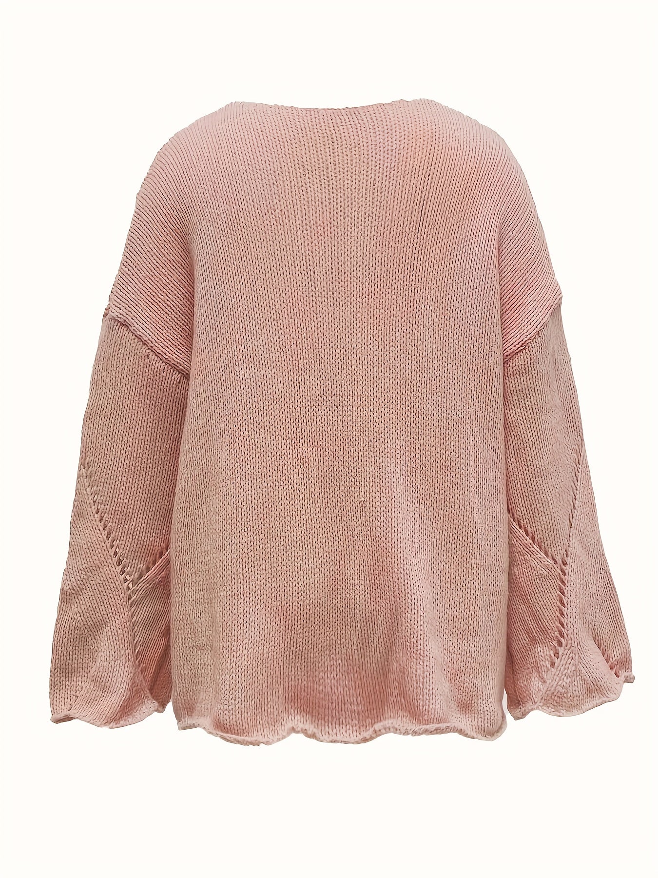 V Neck Hollow Out Solid Knit Sweater Long Sleeve