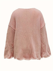 V Neck Hollow Out Solid Knit Sweater Long Sleeve