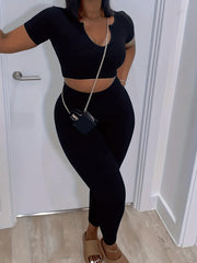  Short Sleeve Crop Top & Pants Outfits Set