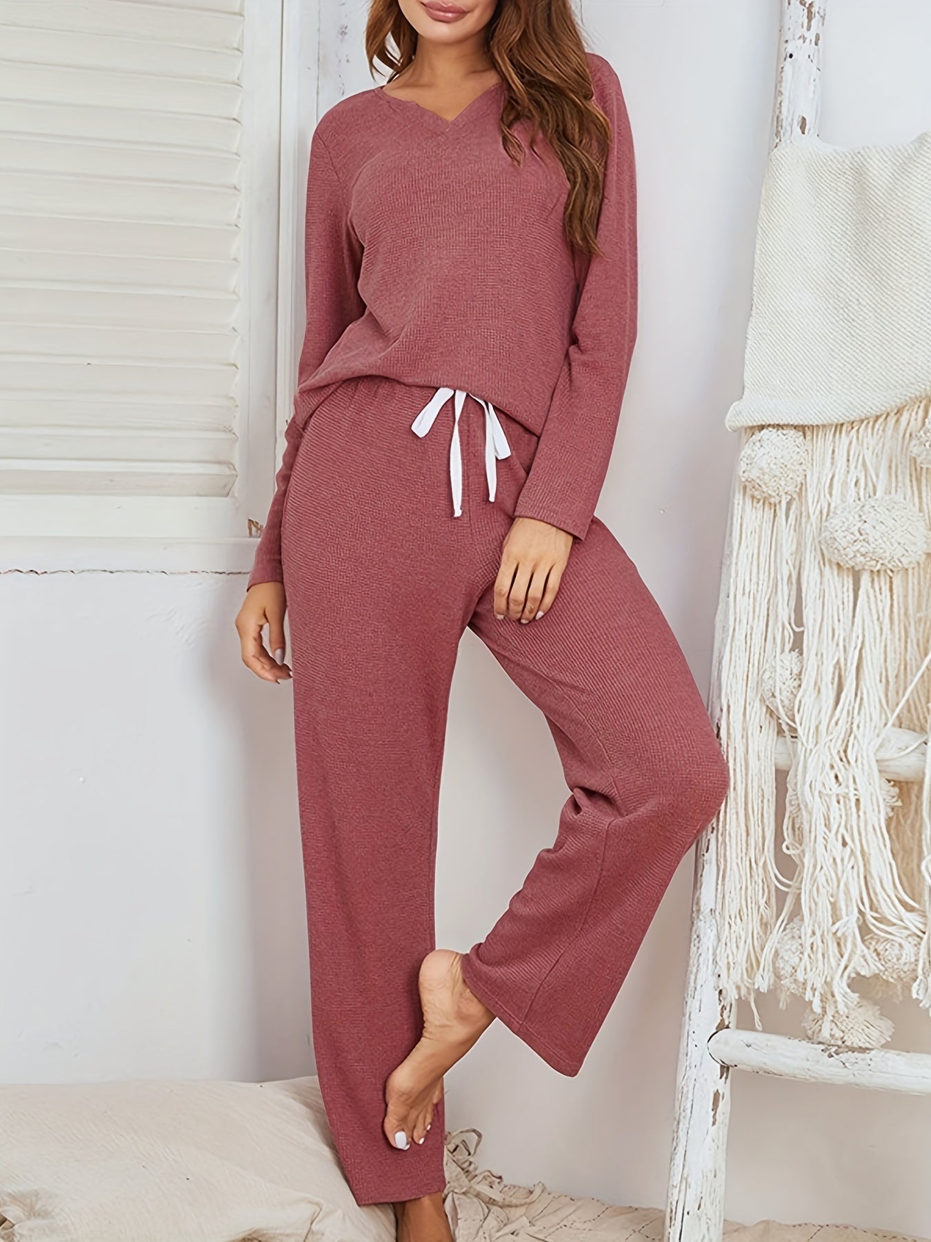 Waffle Lounge Set Long Sleeve V Neck Top & Pants
