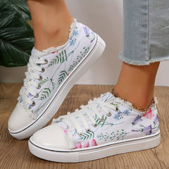 Floral Print Canvas Sneakers Lace Up Round Toe Walking Shoes