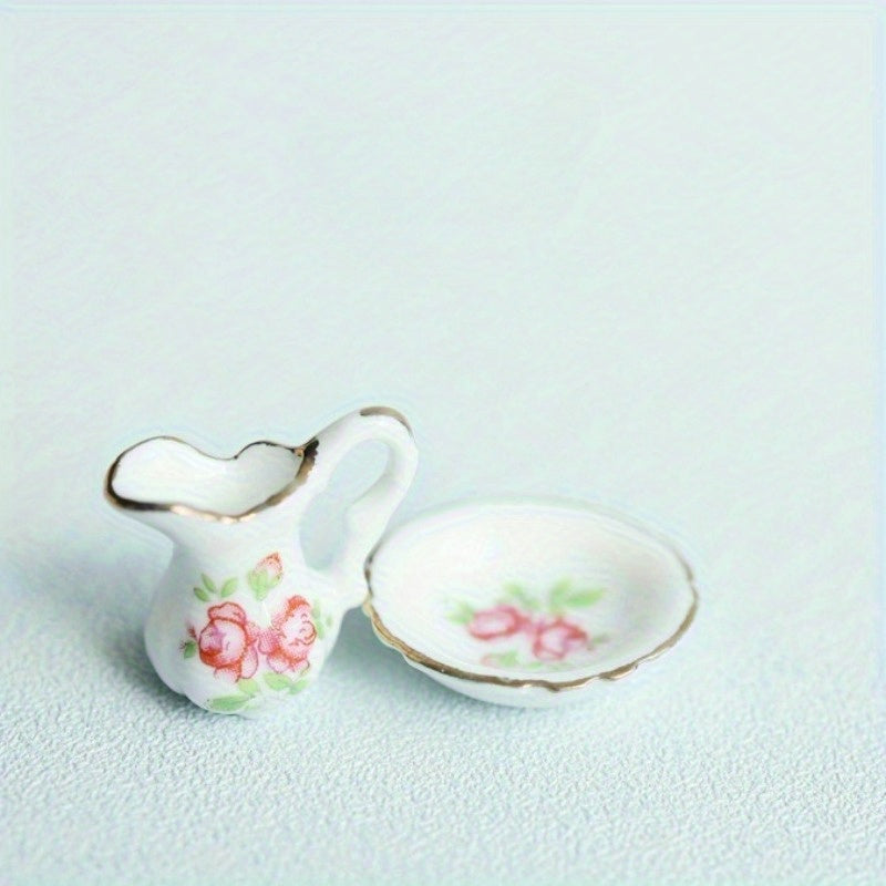 Ceramic Vase w/ Floral Dollhouse Accessory & Golden Trim - 5.0 x 8