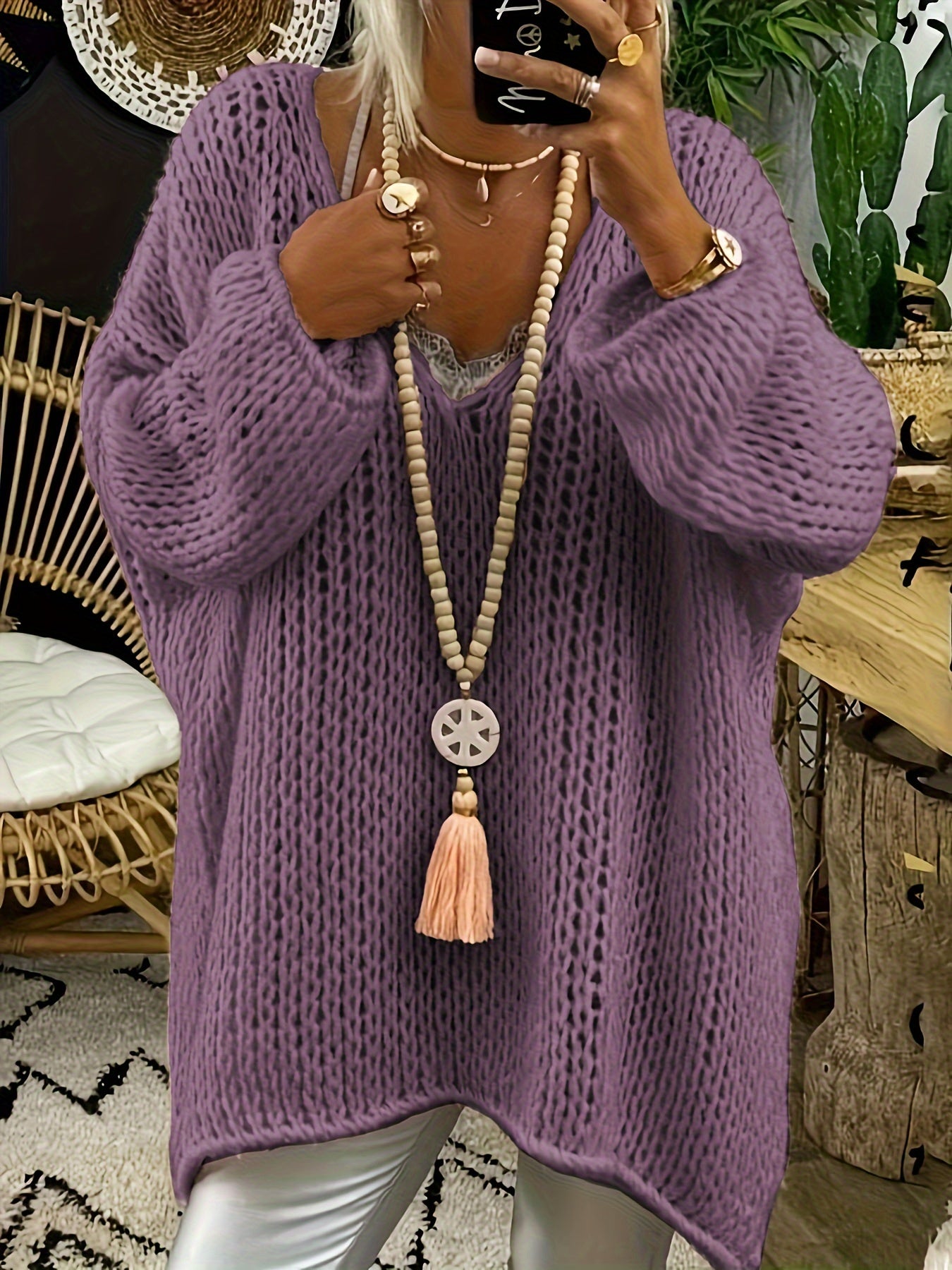  Solid Long Sleeve V Neck Oversized Jumper
