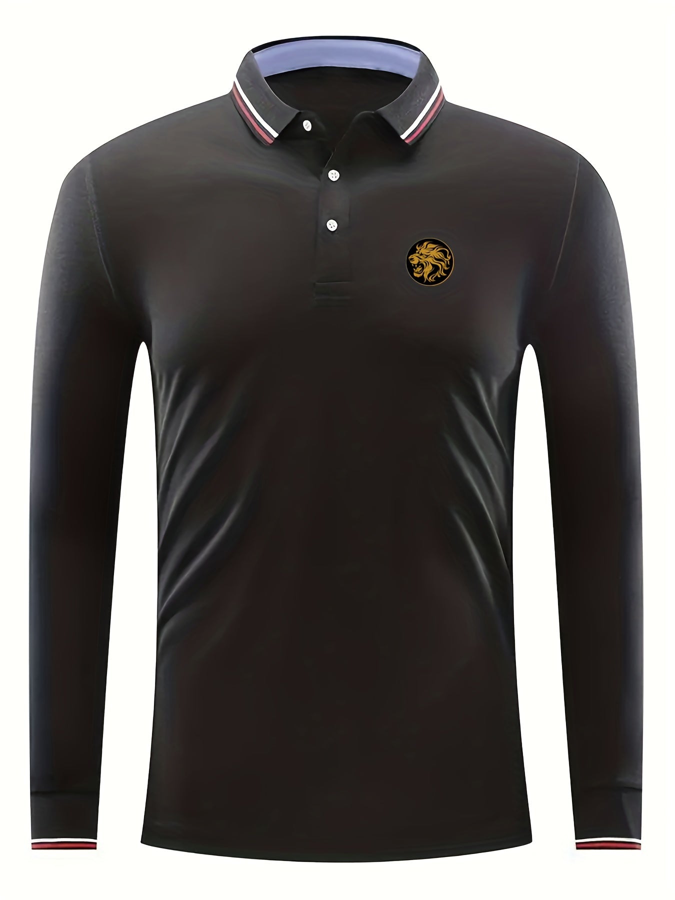 Men's Lion Head Print Long Sleeve Polo Shirt Casual Breathable Button Up Top