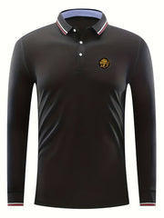 Men's Lion Head Print Long Sleeve Polo Shirt Casual Breathable Button Up Top