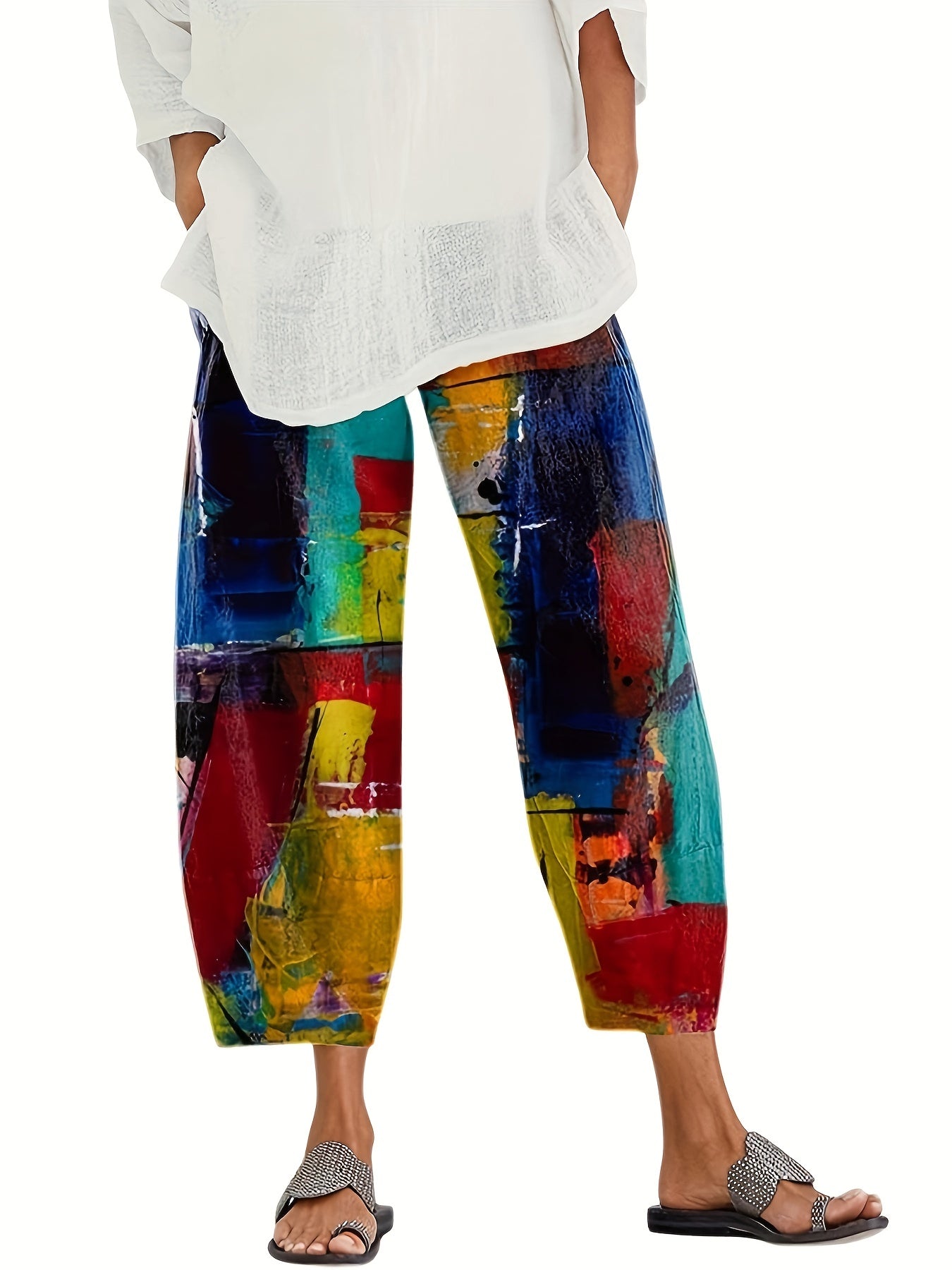  Painting Print High Rise Loose Fit Trousers