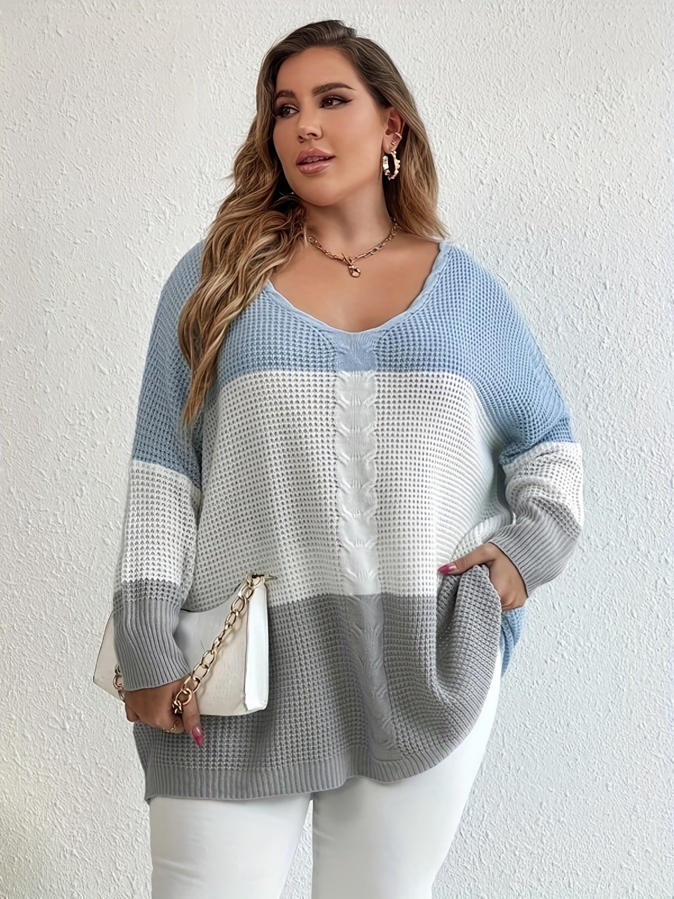  Colorblock Round Neck Bat Sleeve Sweater