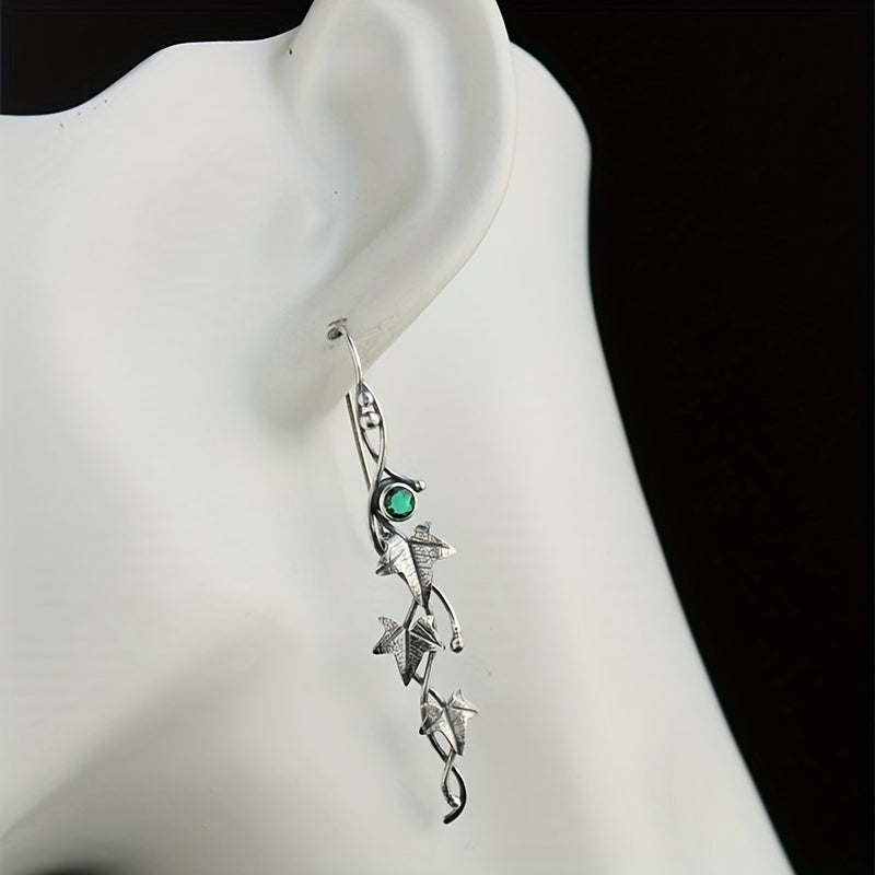Men's Silver Leaf Dangle Earrings with Colorful Gemstones