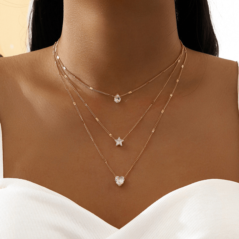 Retro Zircon Necklace Star Water Drop Pendant Clavicle Chain