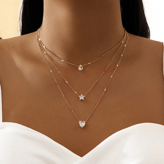 Retro Zircon Necklace Star Water Drop Pendant Clavicle Chain