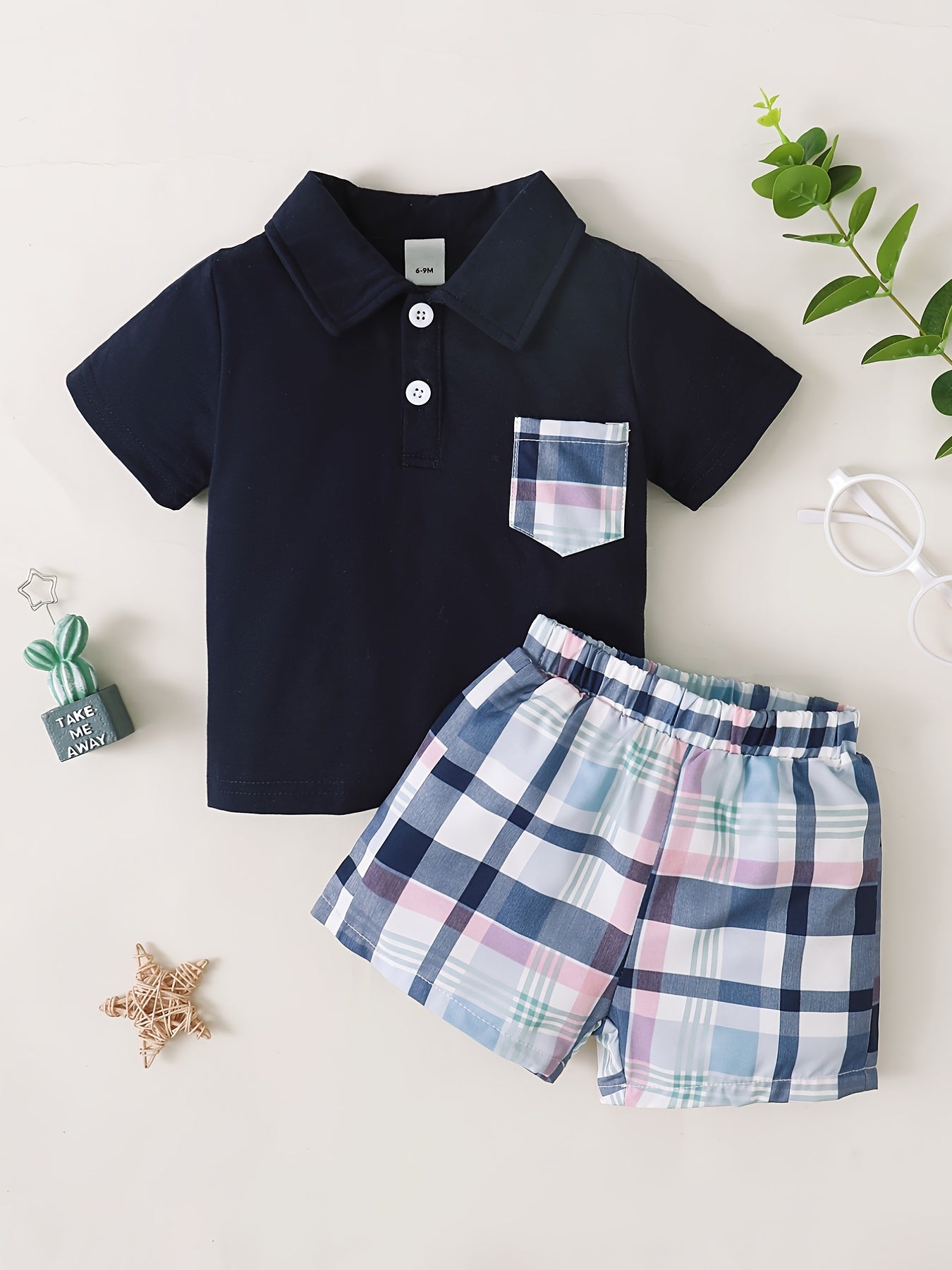 2pcs Baby Boys Short Sleeve Shirt & Plaid Shorts Set Summer Outfit