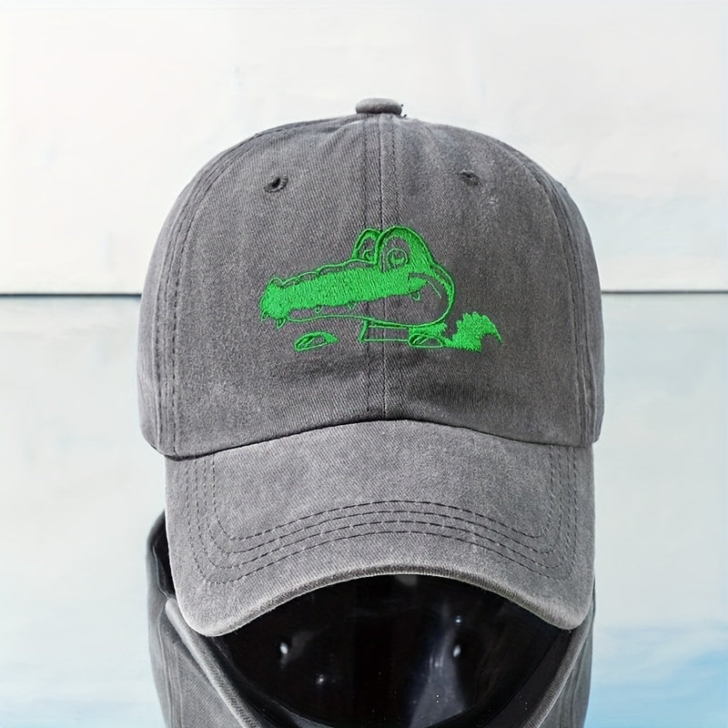 Crocodile Embroidery Baseball Cap Washed Distressed Dad Hat