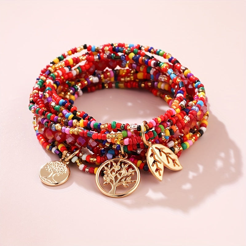 Leaf Shape Pendant Beaded Bracelet Boho Style Hand Jewelry For Women