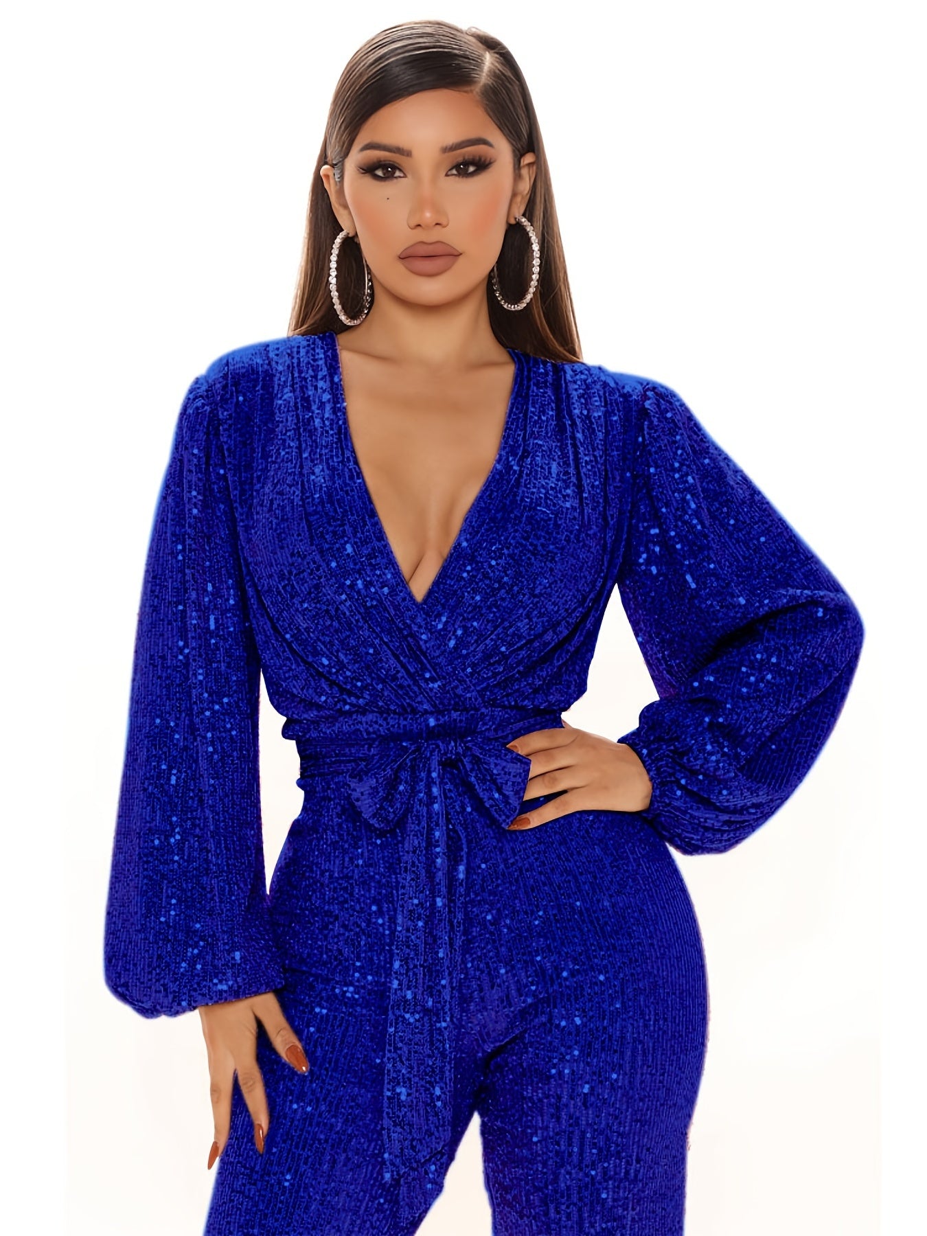 Sequin Deep V Neck Jumpsuit Long Sleeve Tie Waist Long Length Jumpsuit
