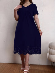  Solid Maxi Dress w/ Scallop Trim Short Sleeves V Neck