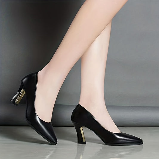 Women's Pointed Toe Chunky High Heels Slip On Court Pumps