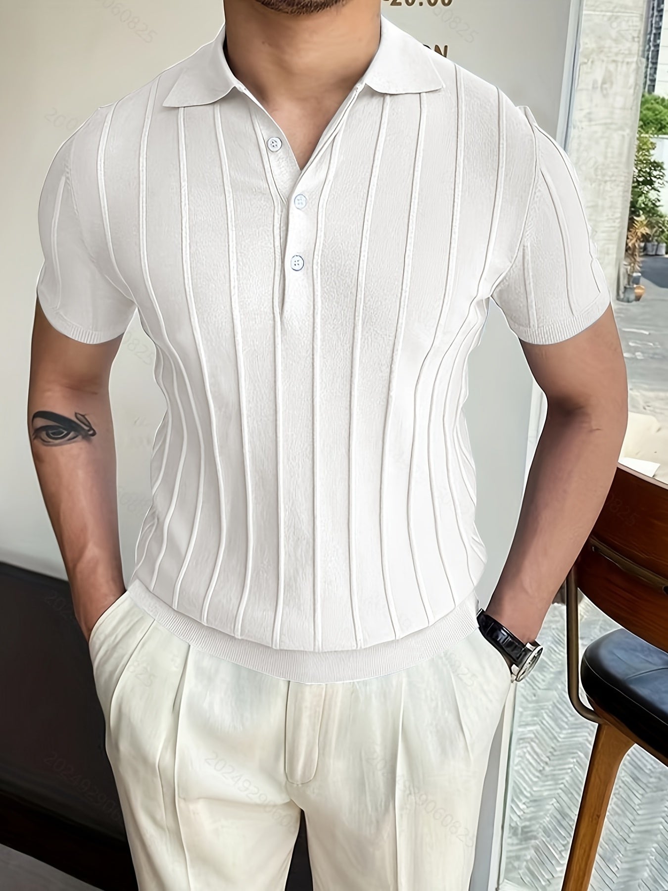 Mens Striped Polo Shirt Solid V Neck Sweater Summer