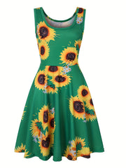  Sunflower Print Stretch Tank Dress