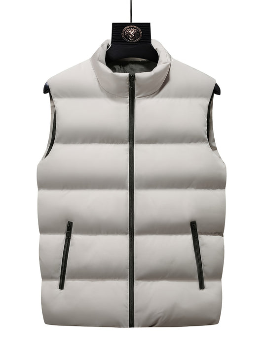 Men's Sleeveless Cotton Padded Jacket Winter Stand Collar Faux Down Zip Vest