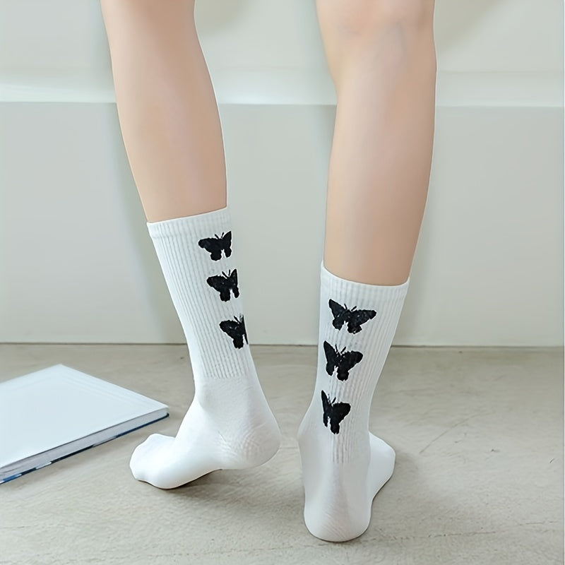 6 Pairs Butterfly Print Mid Tube Socks Women's Stockings