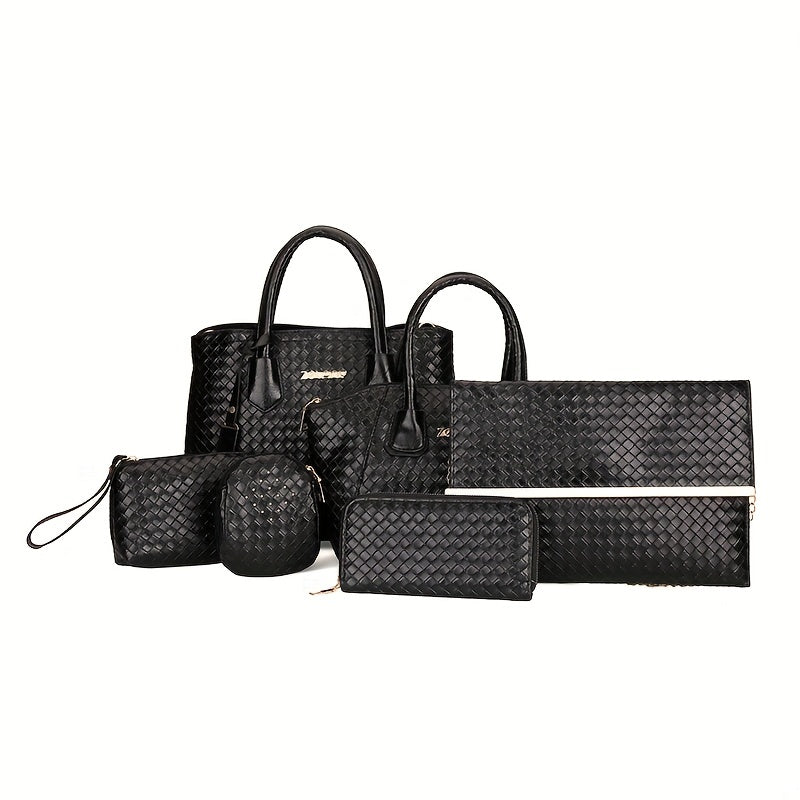 6Pcs Woven Tote Bag Set Women's Handbag With Satchel Bag & Crossbody
