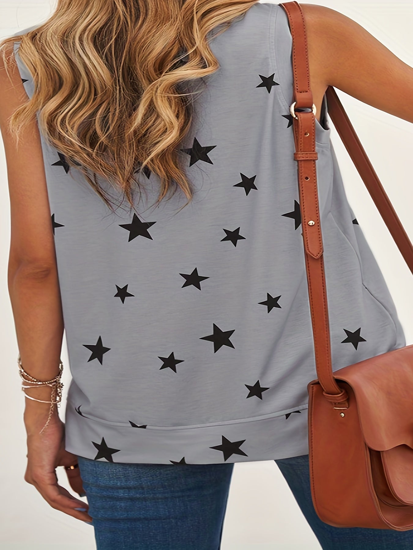  Star Print Tank Top Women's Round Neck Sleeveless Tee
