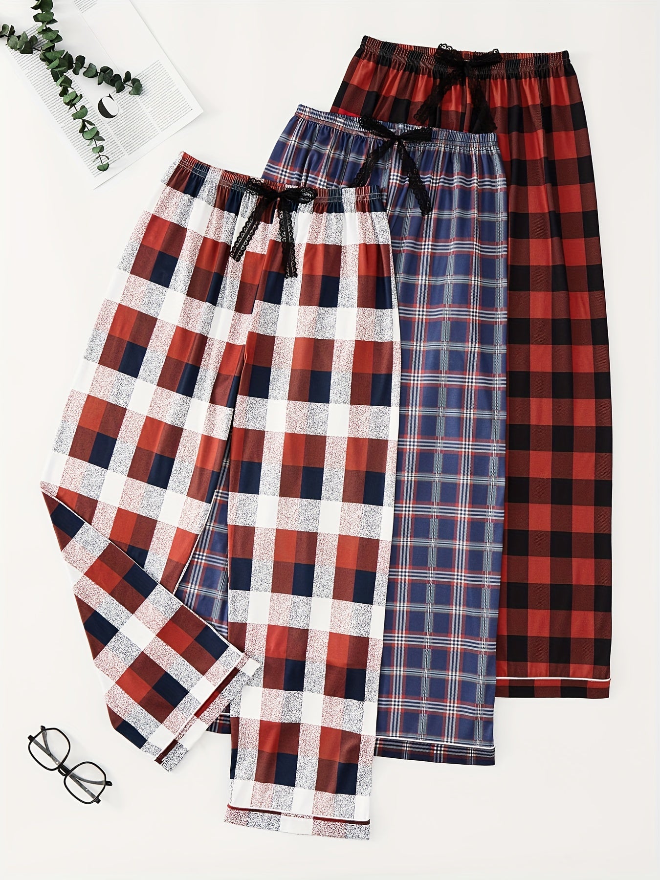 Colorblock Plaid Lounge Pants Soft Elastic Waist Womens Loungewear