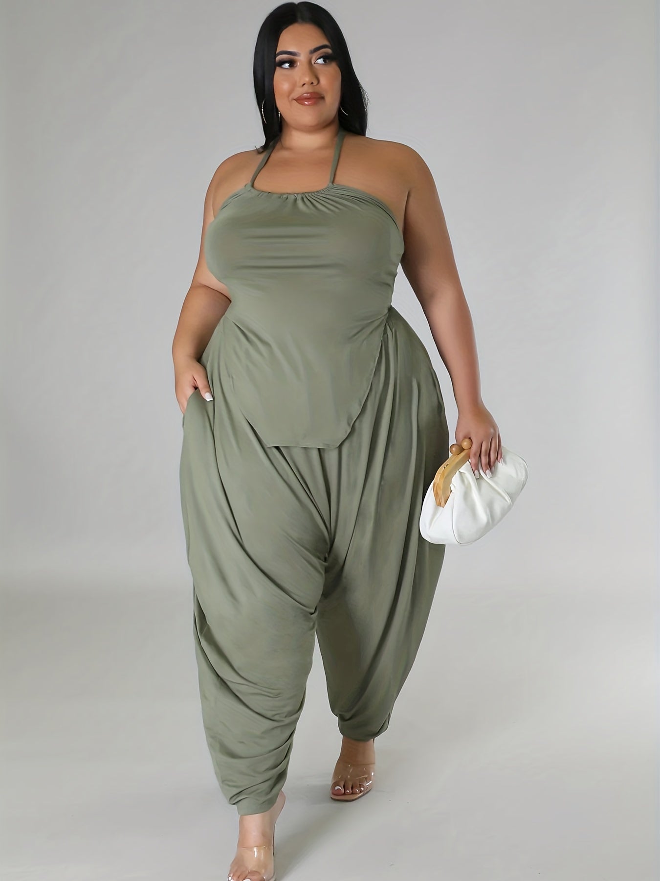  Solid Halter Neck Tie Back Cami Top & Harem Pants Set