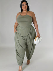  Solid Halter Neck Tie Back Cami Top & Harem Pants Set