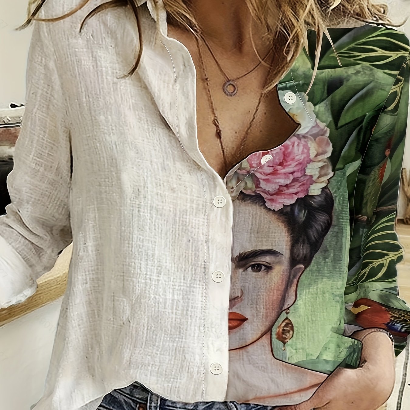  Cartoon Girl & Floral Print Colorblock Long Sleeve Top