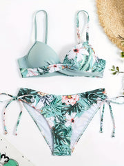 Tropical Print V Neck Bikini Set Ruched Spaghetti Straps Tie Side Swimsuit